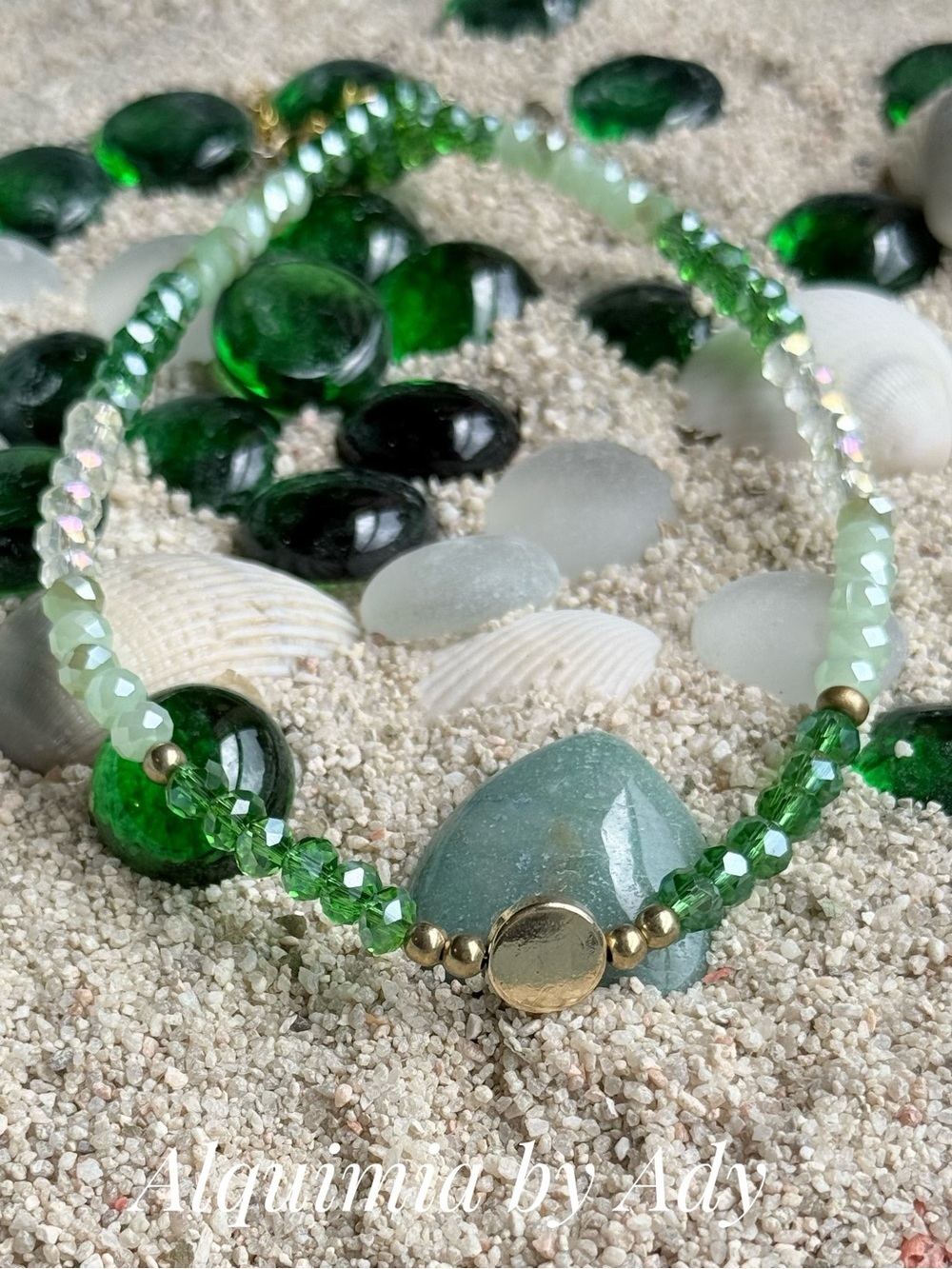 Beaded Green Crystal & Gold Accent Necklace